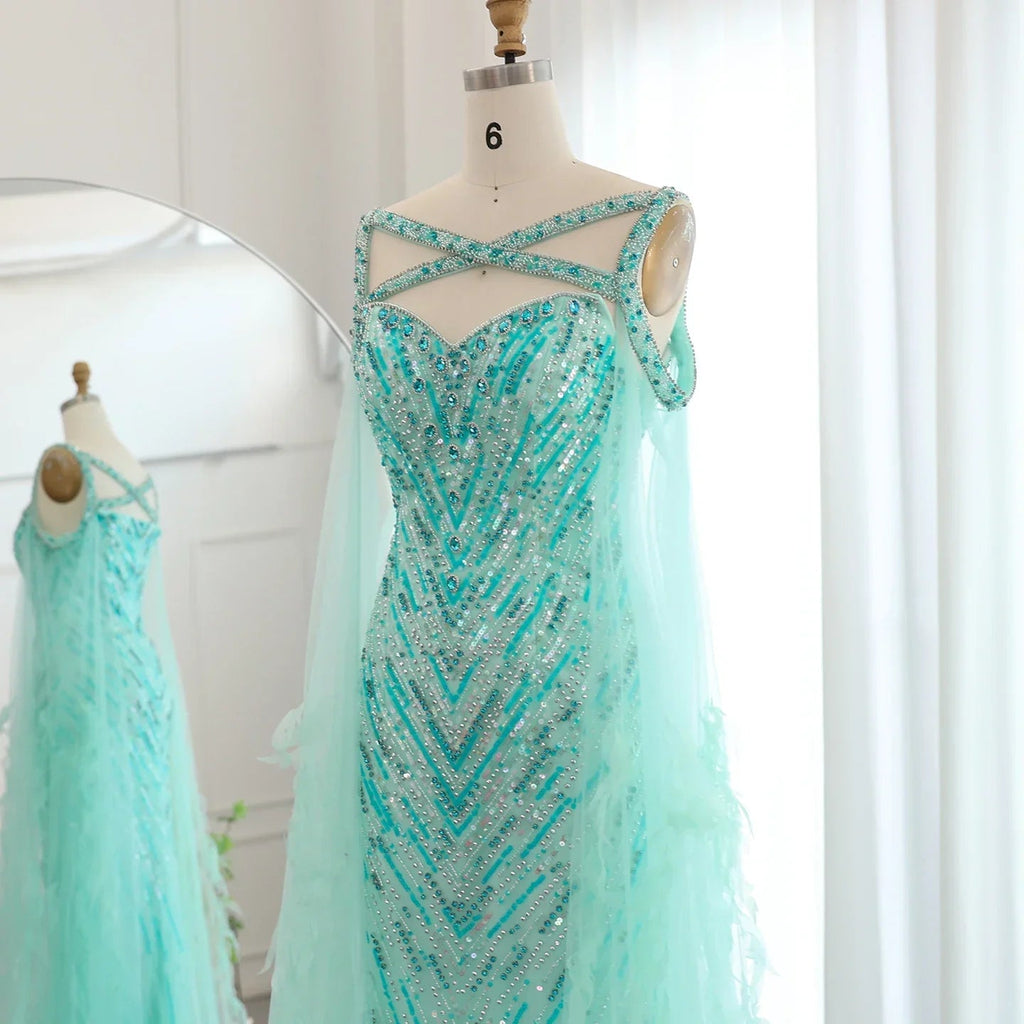 Turquoise Mermaid Evening Cape Sleeve Party Dress