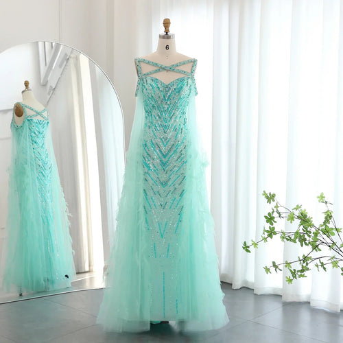 Turquoise Mermaid Evening Cape Sleeve Party Dress