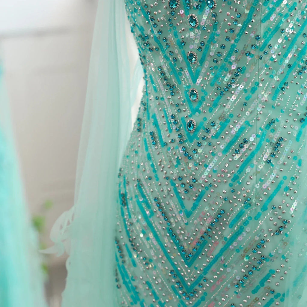 Turquoise Mermaid Evening Cape Sleeve Party Dress