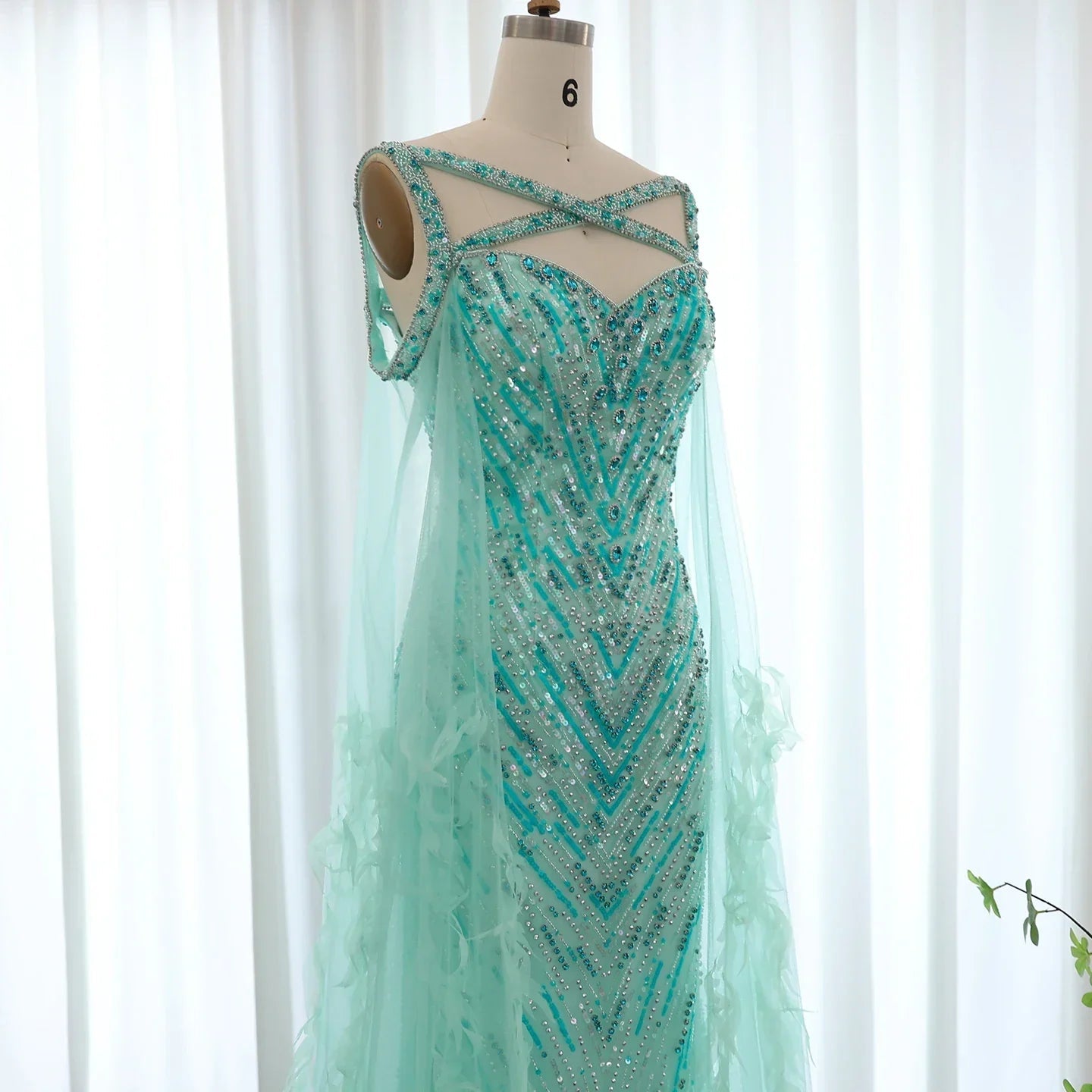 Turquoise Mermaid Evening Cape Sleeve Party Dress
