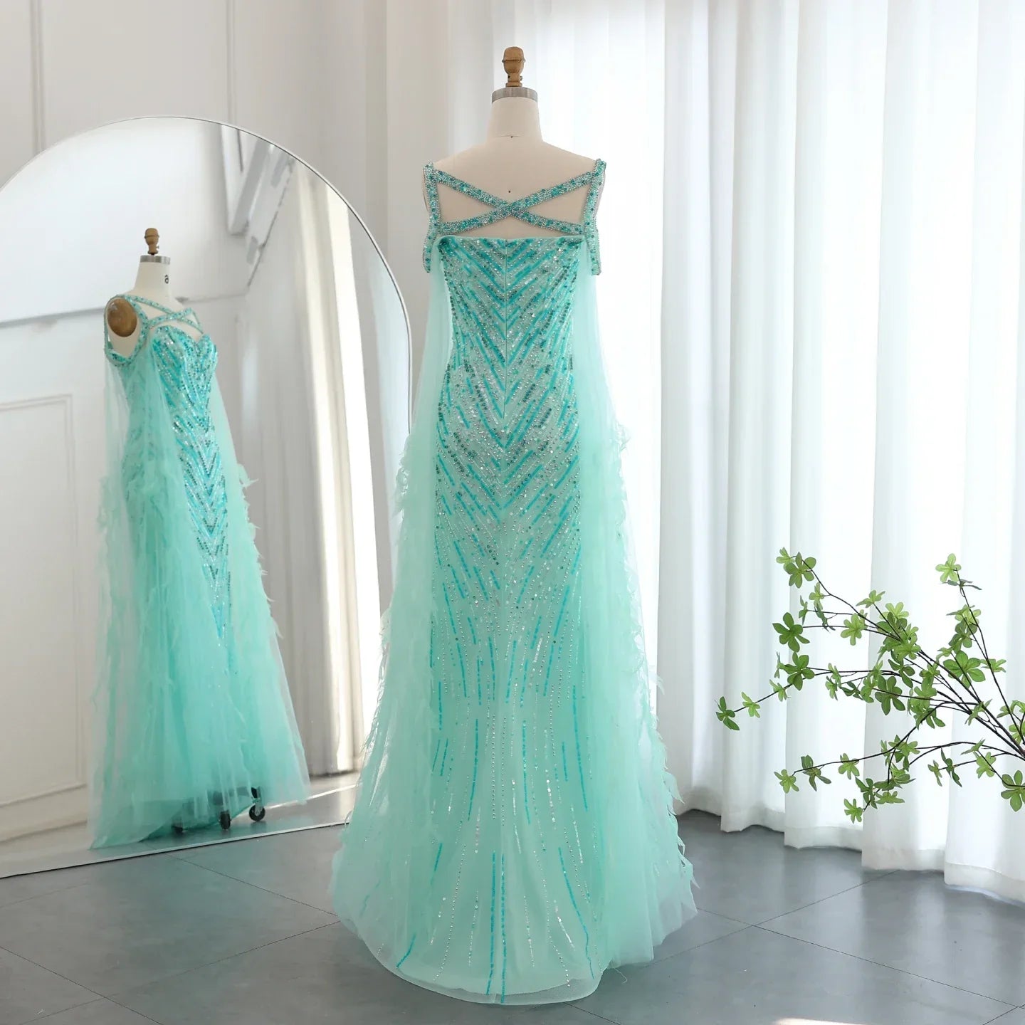 Turquoise Mermaid Evening Cape Sleeve Party Dress