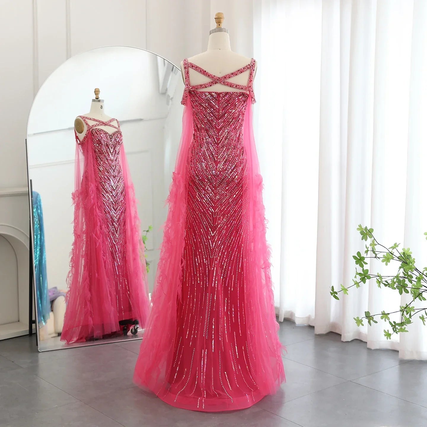 Turquoise Mermaid Evening Cape Sleeve Party Dress