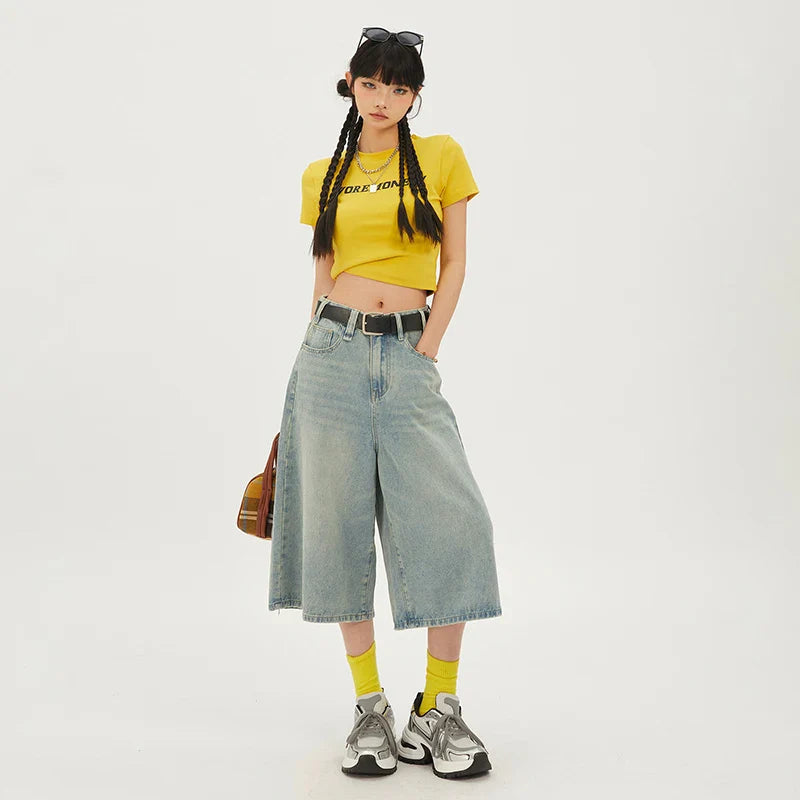 Washed Cropped Wide Straight Denim Jean