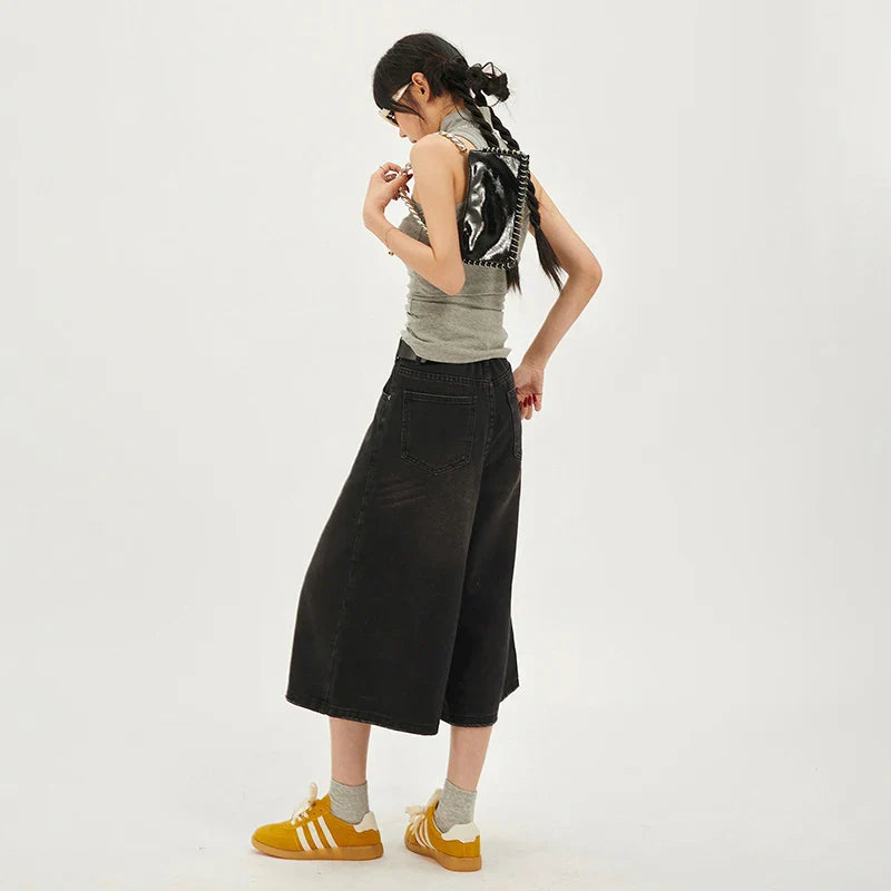 Washed Cropped Wide Straight Denim Jean