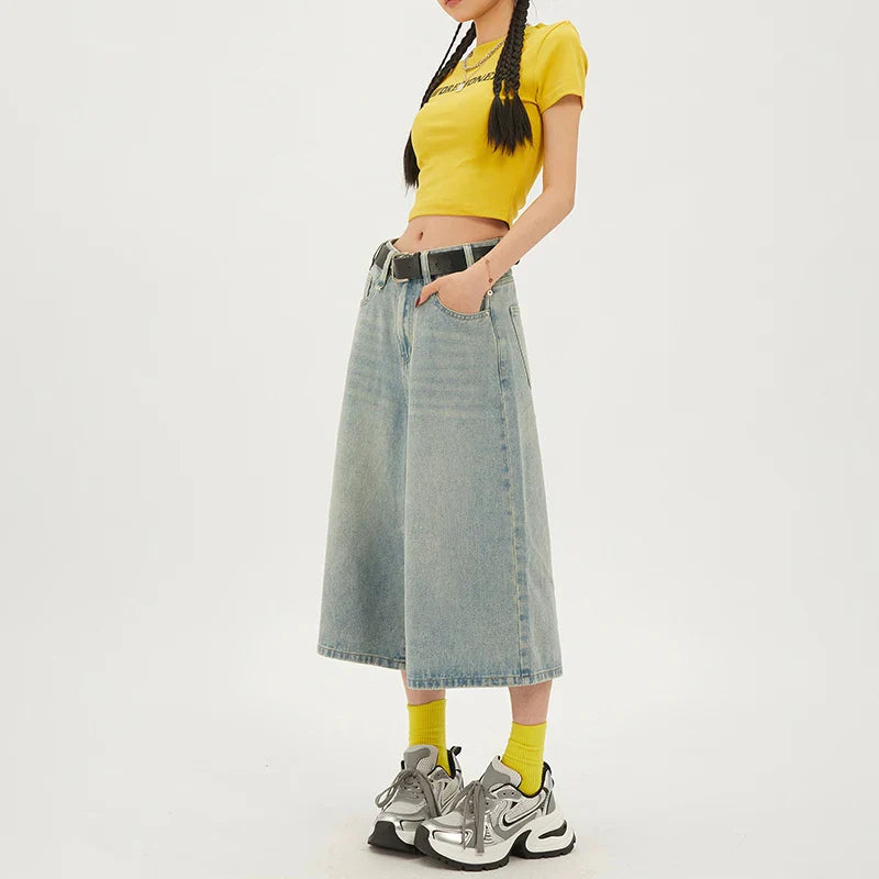 Washed Cropped Wide Straight Denim Jean