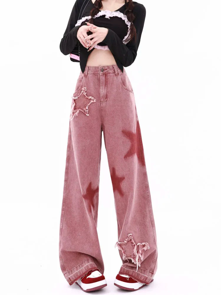 Retro Star Trim Wide Leg Raw Edge Jean