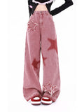 Retro Star Trim Wide Leg Raw Edge Jean