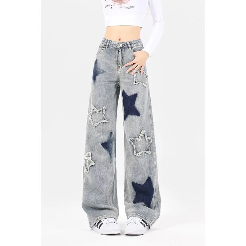 Retro Star Trim Wide Leg Raw Edge Jean