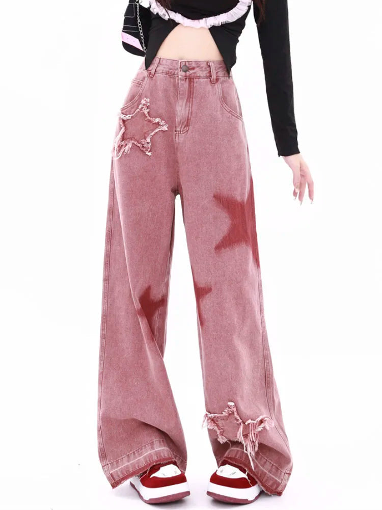 Retro Star Trim Wide Leg Raw Edge Jean
