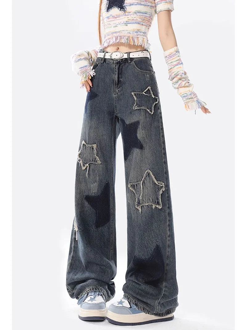 Retro Star Trim Wide Leg Raw Edge Jean