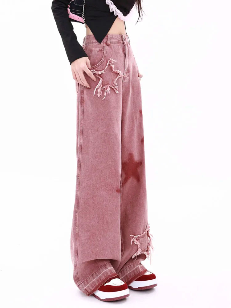 Retro Star Trim Wide Leg Raw Edge Jean
