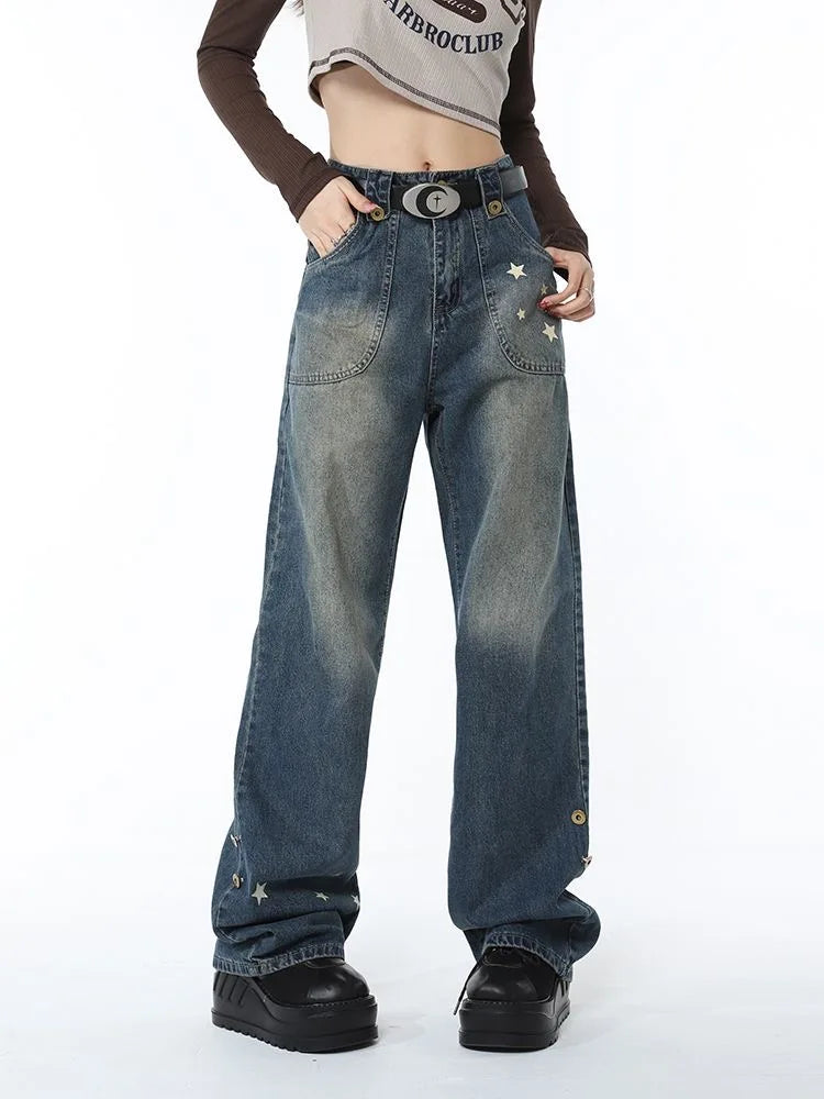 Retro Star Trim Wide Leg Raw Edge Jean