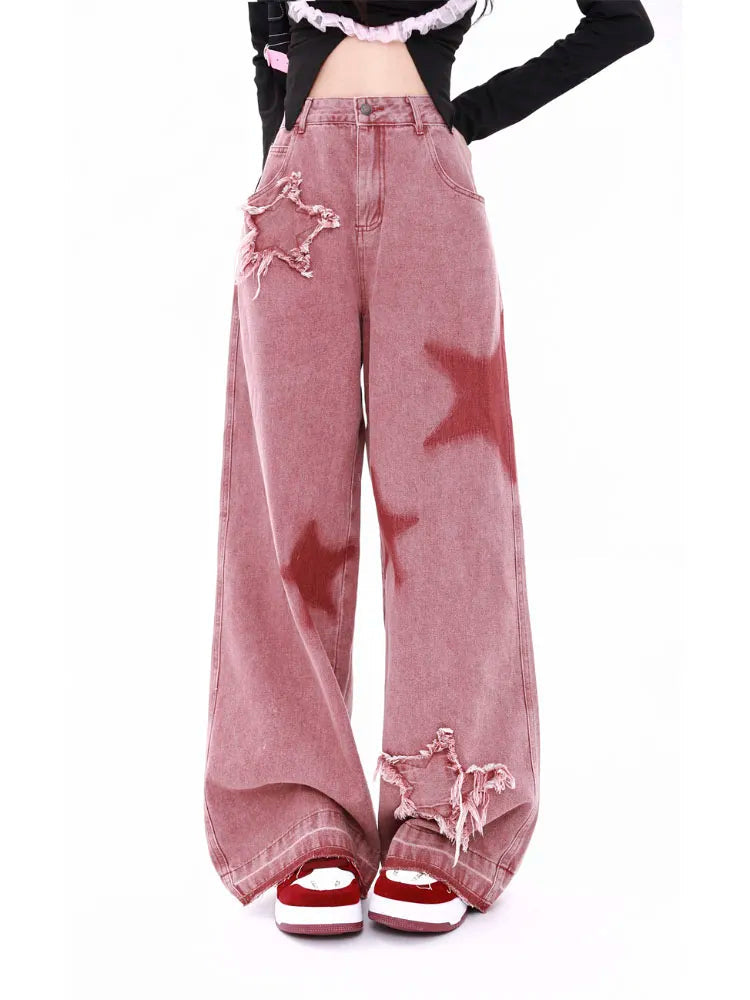 Retro Star Trim Wide Leg Raw Edge Jean