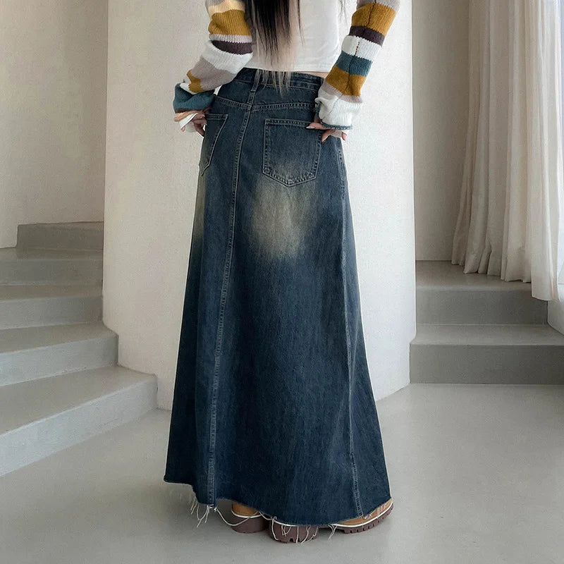 American Denim Long Worn Pockets Style Skirt