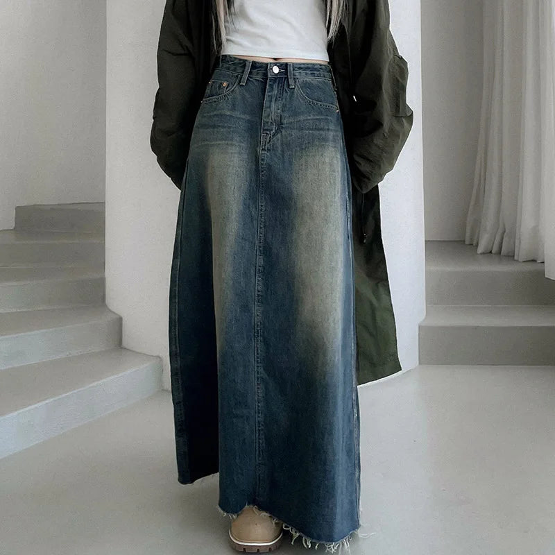 American Denim Long Worn Pockets Style Skirt