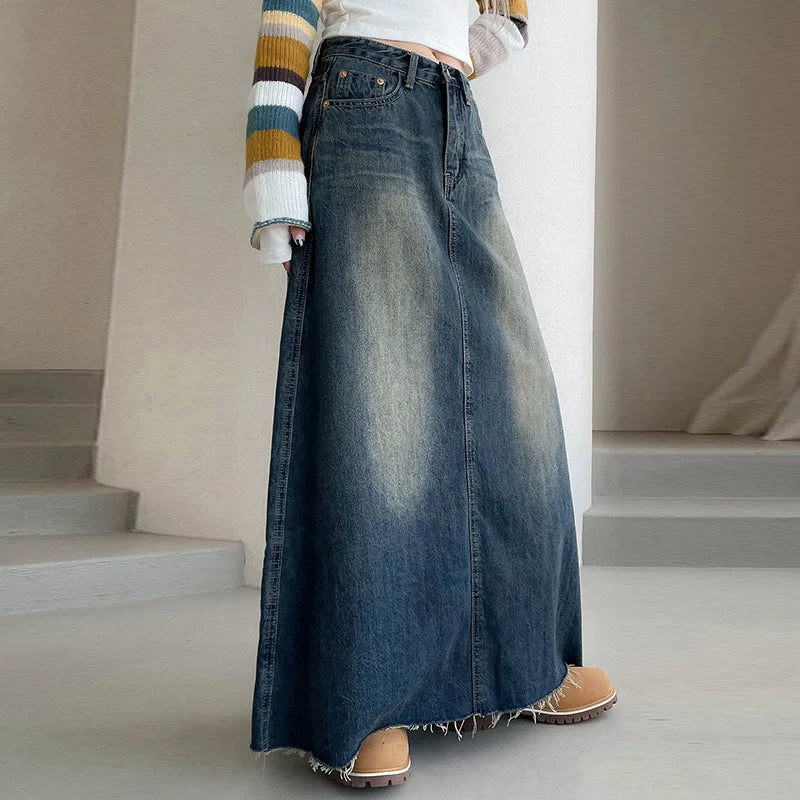 American Denim Long Worn Pockets Style Skirt