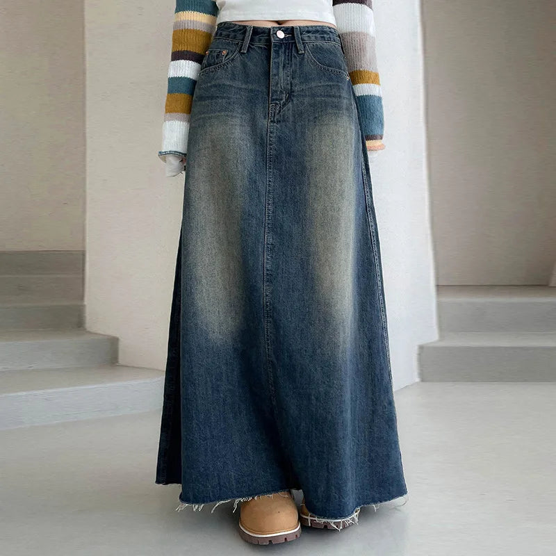 American Denim Long Worn Pockets Style Skirt