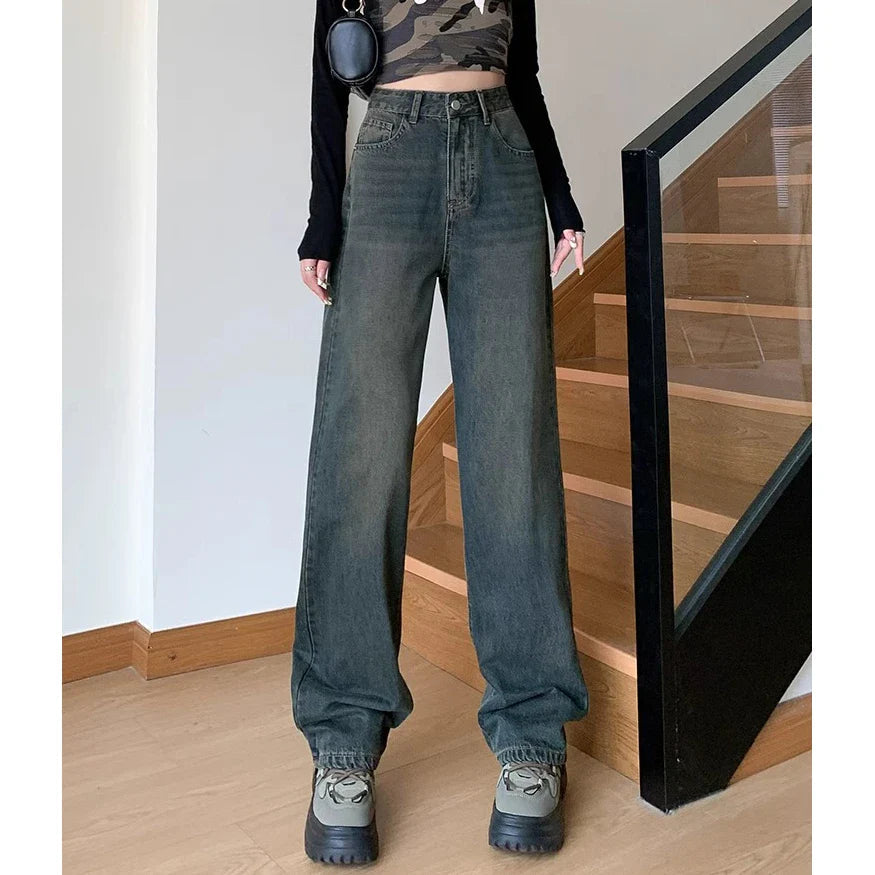 Cement High Waist Loose Straight Drag Jean