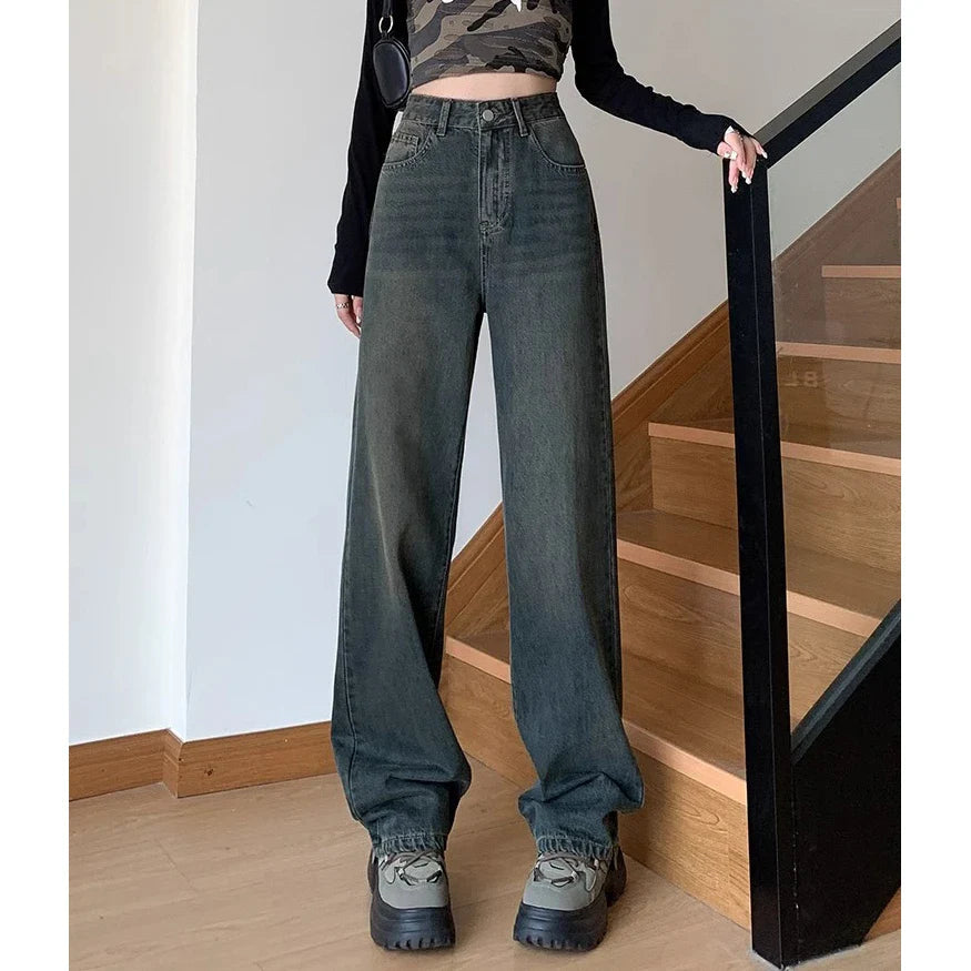 Cement High Waist Loose Straight Drag Jean