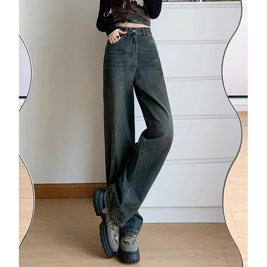 Cement High Waist Loose Straight Drag Jean