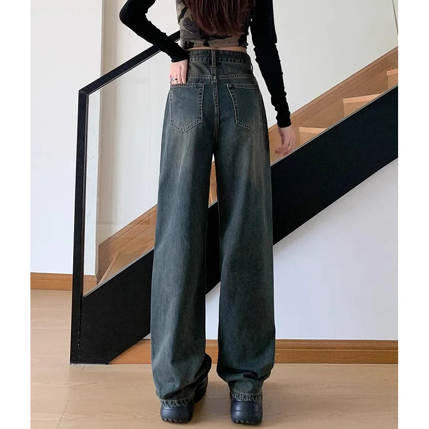 Cement High Waist Loose Straight Drag Jean