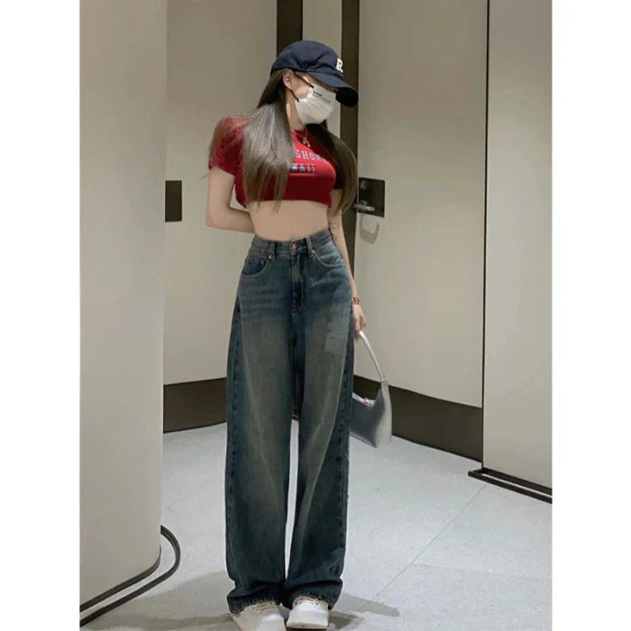 Cement High Waist Loose Straight Drag Jean