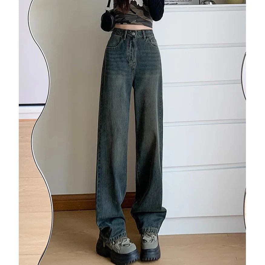 Cement High Waist Loose Straight Drag Jean