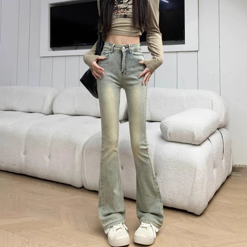 Dyed Retro Flare High Waist Elastic Jean