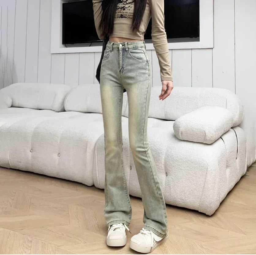 Dyed Retro Flare High Waist Elastic Jean