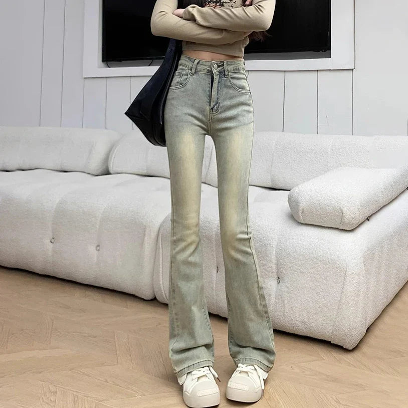 Dyed Retro Flare High Waist Elastic Jean