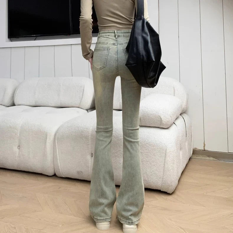 Dyed Retro Flare High Waist Elastic Jean