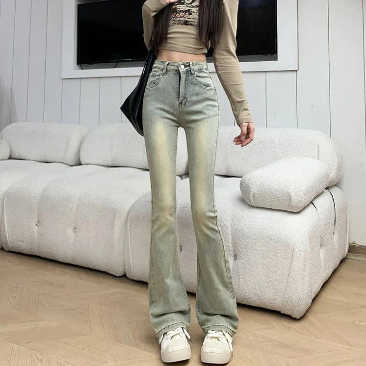 Dyed Retro Flare High Waist Elastic Jean