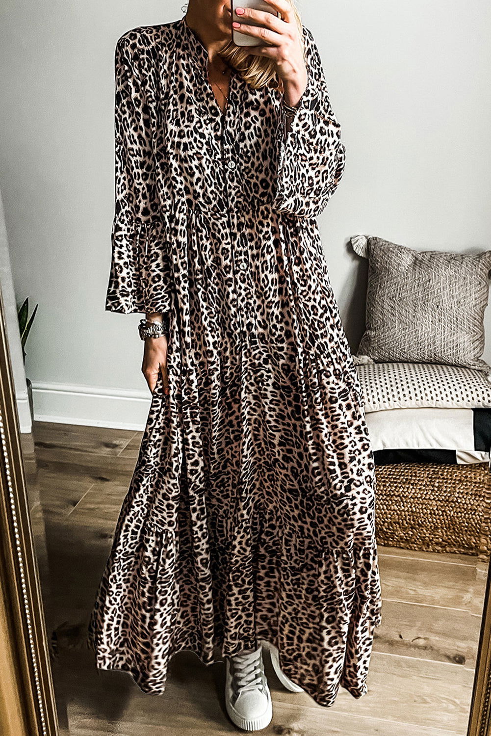 Apricot Leopard Tiered Wide Sleeve Maxi Dress
