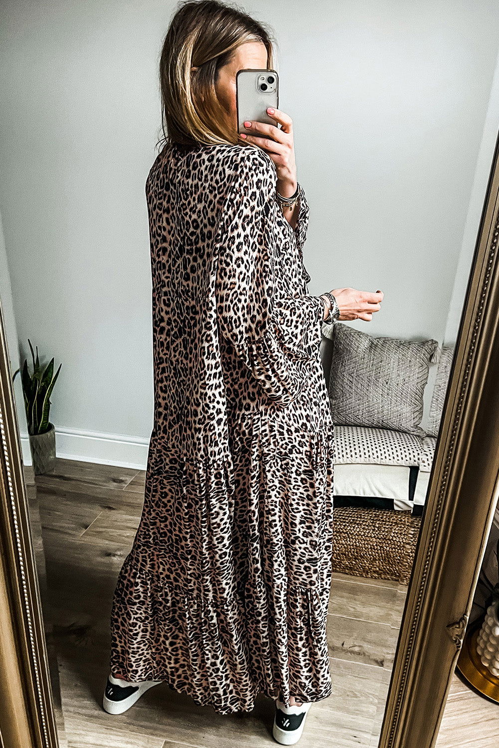 Apricot Leopard Tiered Wide Sleeve Maxi Dress