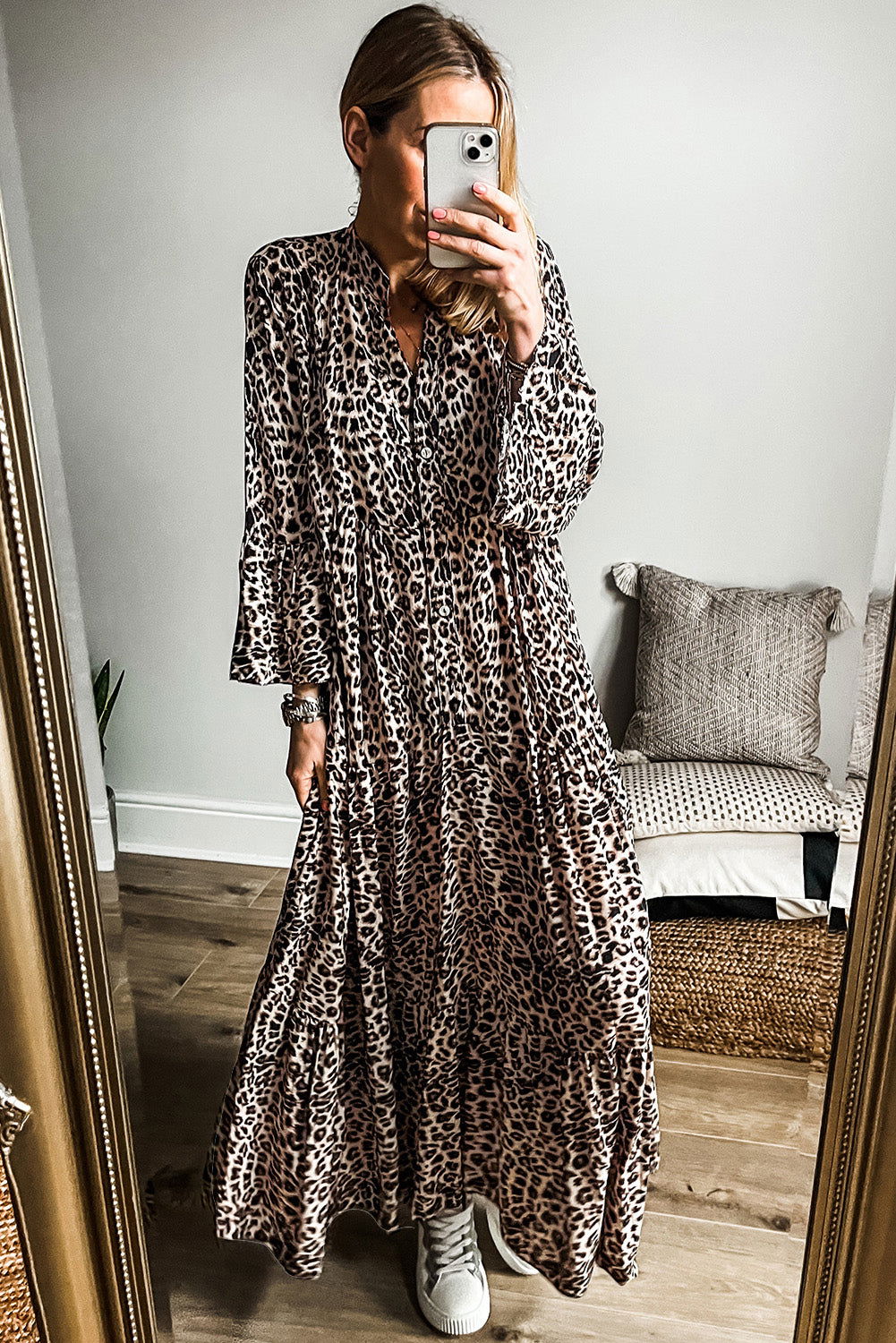 Apricot Leopard Tiered Wide Sleeve Maxi Dress