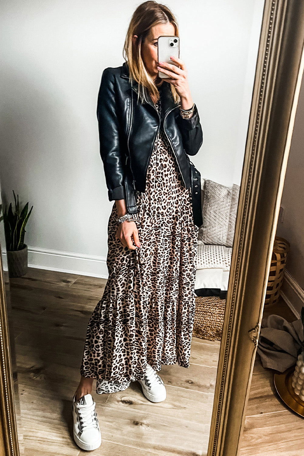 Apricot Leopard Tiered Wide Sleeve Maxi Dress