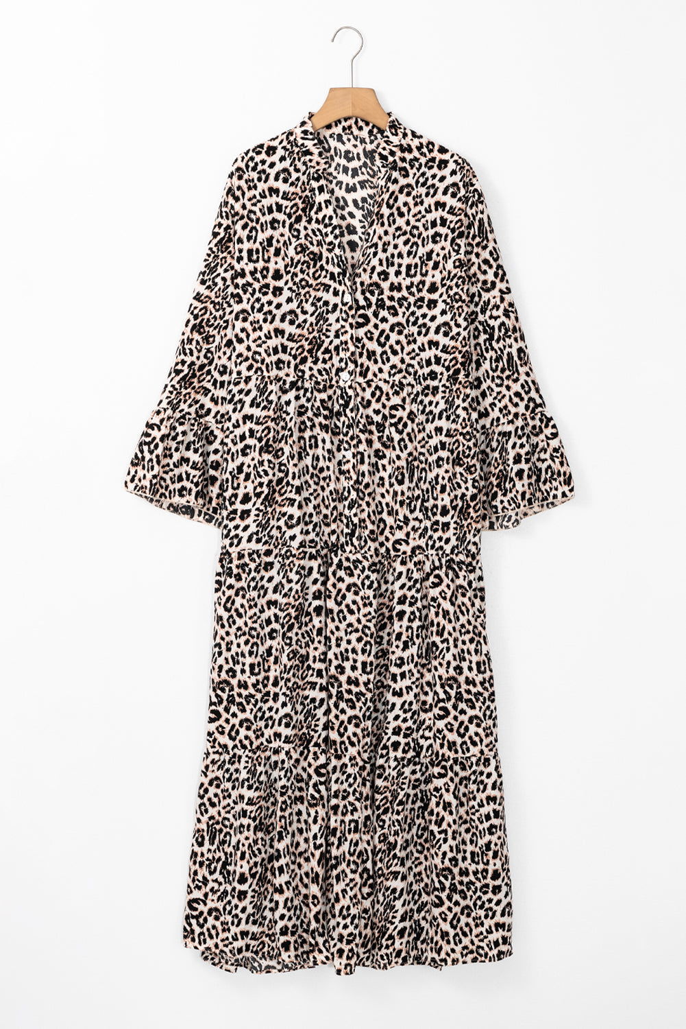 Apricot Leopard Tiered Wide Sleeve Maxi Dress
