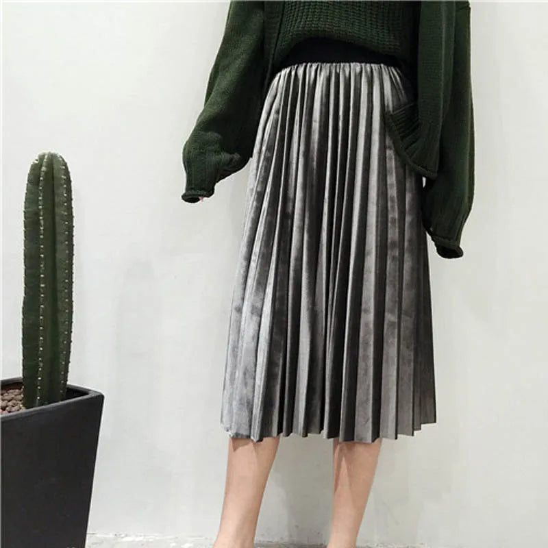 Autumn High Waist Velvet Pleated Skirt