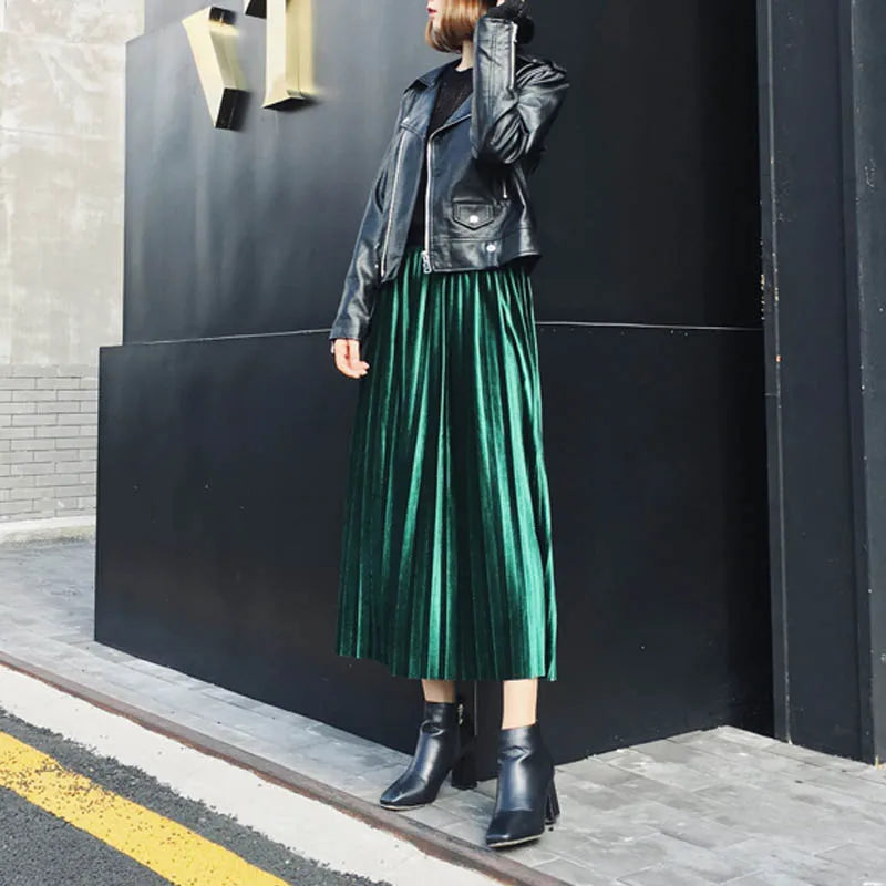 Autumn High Waist Velvet Pleated Skirt