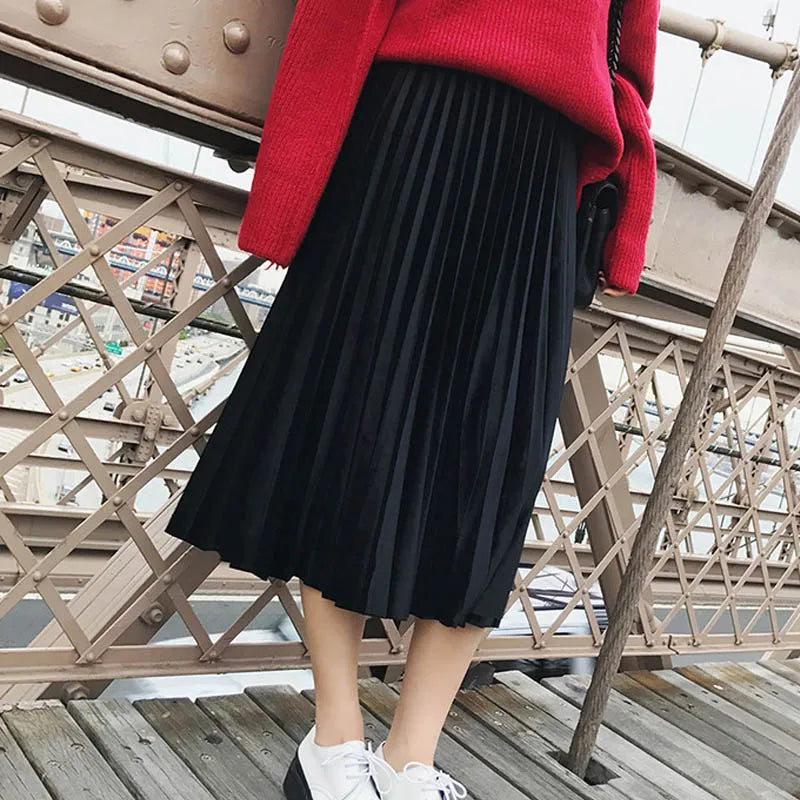 Autumn High Waist Velvet Pleated Skirt