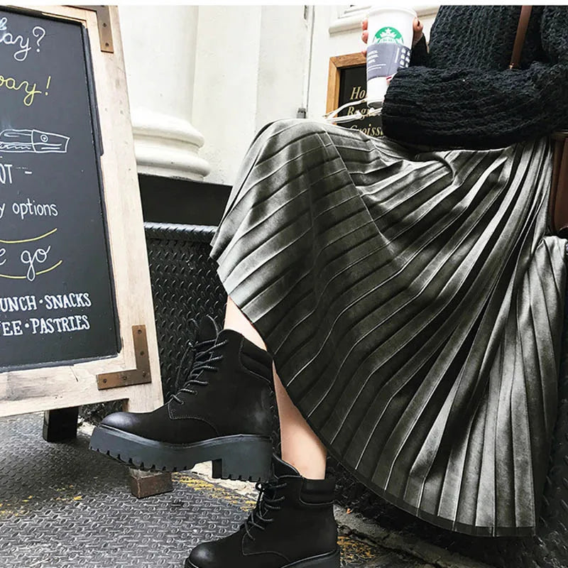 Autumn High Waist Velvet Pleated Skirt