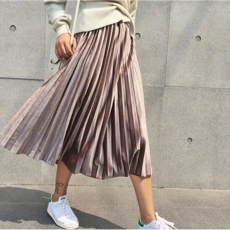 Autumn High Waist Velvet Pleated Skirt