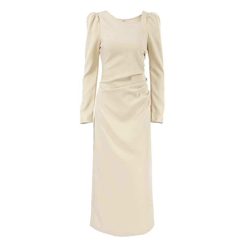 Asymmetric Collar Puff Sleeve Split Maxi Dress