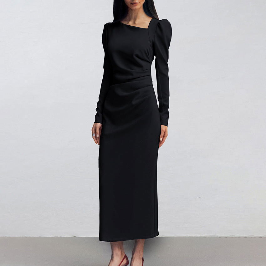 Asymmetric Collar Puff Sleeve Split Maxi Dress