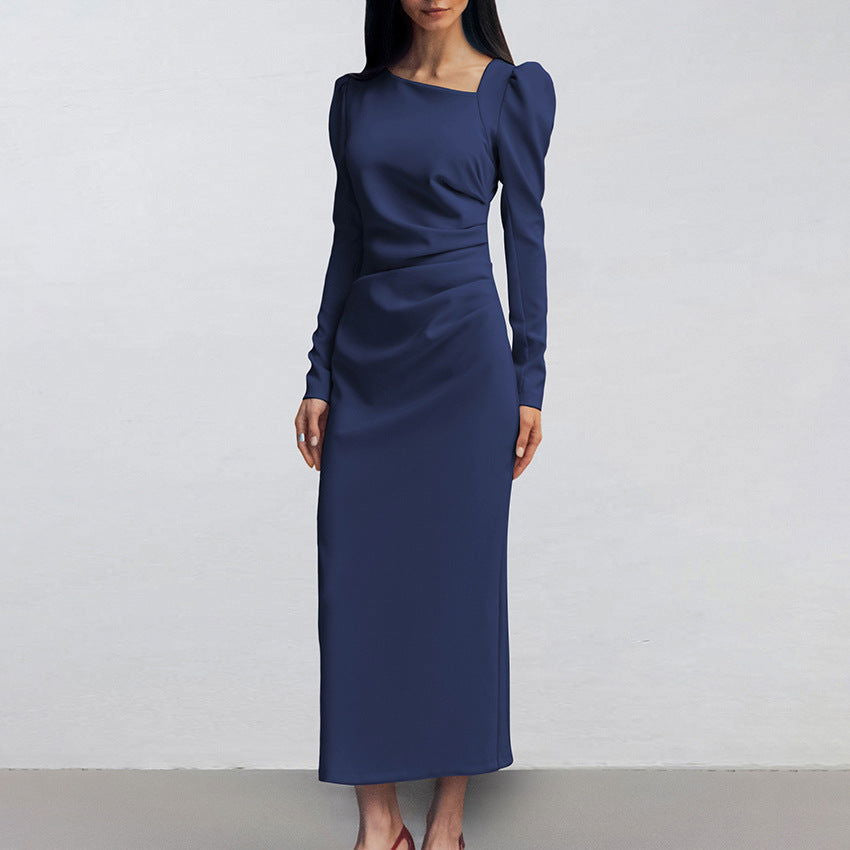 Asymmetric Collar Puff Sleeve Split Maxi Dress