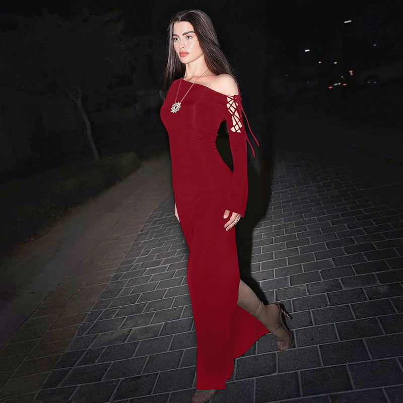 One Shoulder Slim Sheath Solid Maxi Dress