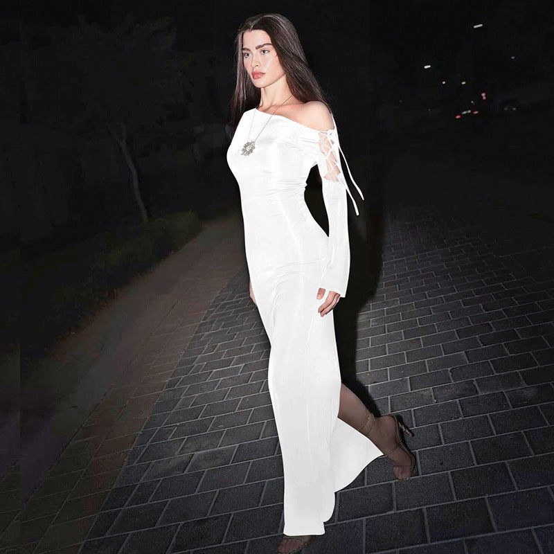 One Shoulder Slim Sheath Solid Maxi Dress