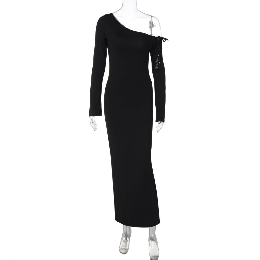 One Shoulder Slim Sheath Solid Maxi Dress
