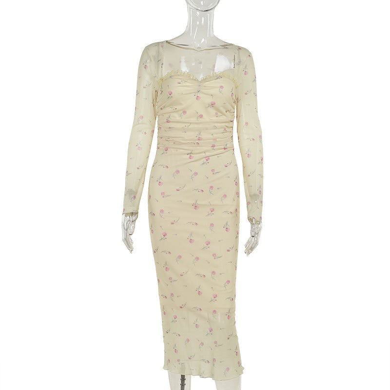 Retro Long Sleeve Pure Print Maxi Dress