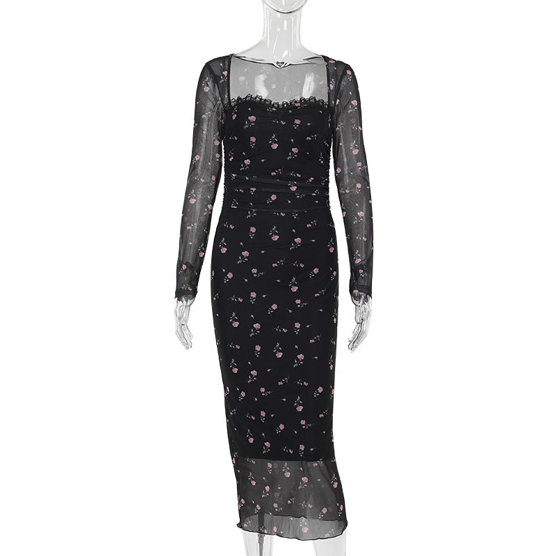 Retro Long Sleeve Pure Print Maxi Dress